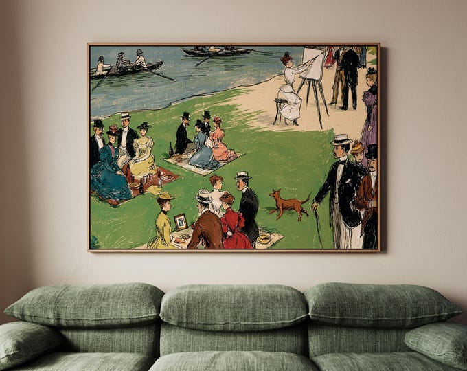 Vintage River Picnic Wall Art, Impressionist Garden Party Painting, Elegant Lakeside Gathering Print, French Country Decor