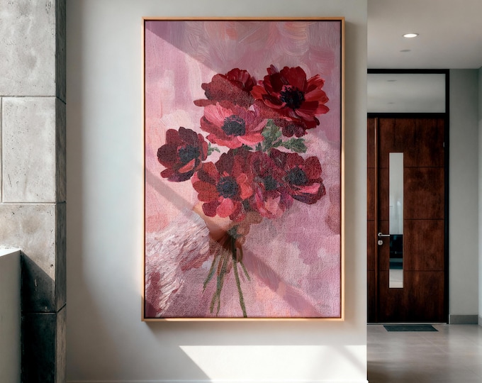 Red Anemone Oil Painting Print, Hand Holding Flowers Wall Art, Pink Aesthetic Floral Art,Impressionist Bouquet Decor, Moody Floral Art