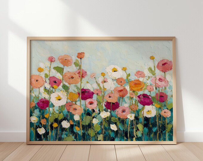 Colorful Floral Wall Art, Impasto Flower Oil Painting Print, Abstract Wildflower Meadow, Pink Orange Flower Field, Boho Cottagecore Decor