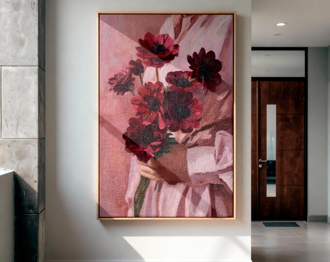 Red Anemone Oil Painting Print, Hand Holding Flowers Wall Art, Pink Aesthetic Floral Art,Impressionist Bouquet Decor, Moody Floral Art