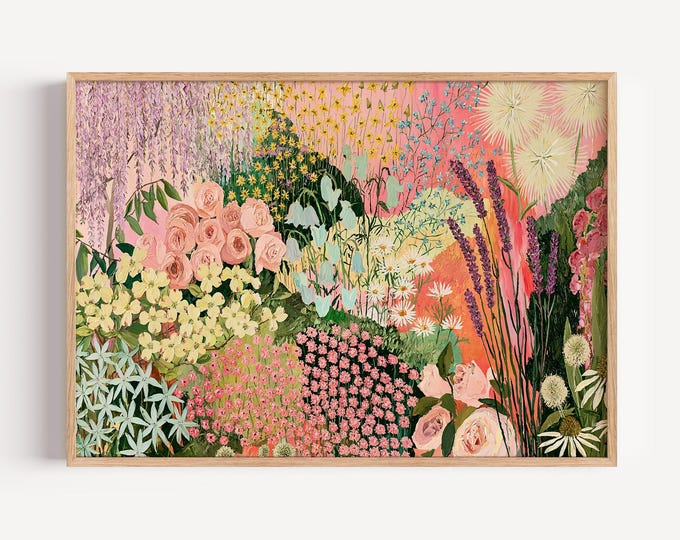Colorful Floral Wall Art Print, Pastel Flower Garden Painting, Pink Botanical Art, Maximalist Wall Decor, Cottagecore Floral Print