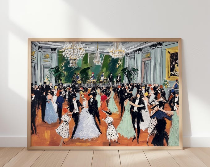 Vintage Ballroom Dance Wall Art Print, Elegant Jazz Age Party Painting, Roaring 20s Decor, Grand Ballroom Art Print
