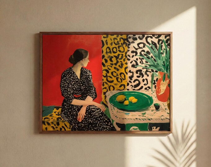 Fauvism Art Print, Woman in Leopard Dress, Maximalist Red Room Decor, Bold Colorful Painting, Boho Eclectic Wall Art, Trendy Illustration