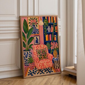 Maximalist Pink Room Oil Painting Print, Colorful Interior Wall Art, Eclectic Preppy Decor, Cozy Reading Nook Framed Canvas image 8