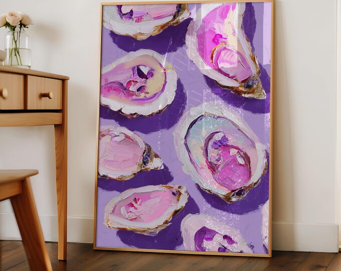 Purple Oyster Shell Wall Art Print, Pink Impasto Seafood Framed Wall Art, Preppy Coastal Canvas Decor, Colorful Dopamine Kitchen Painting