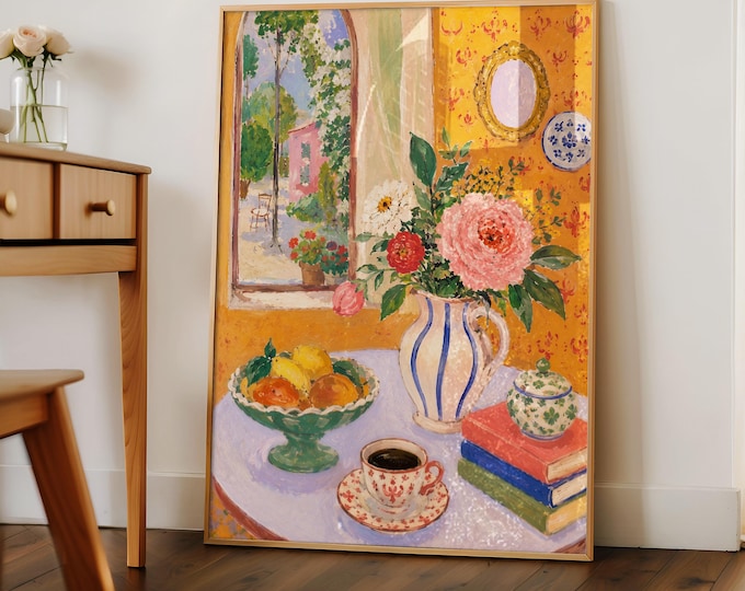 Colorful Floral Still Life Oil Painting Print, French Country Window View Art, Preppy Grandmillennial Decor, Framed Canvas