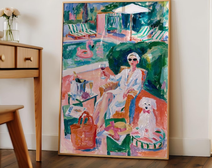 Poolside Fashion Wall Art Print, Chic Summer Resort Watercolor, Elegant Woman & Poodle Painting, Luxury Vacation Home Decor