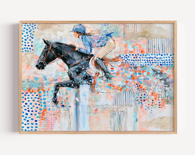 Equestrian Wall Art Print, Horse Jumping Oil Painting, Equestrian Decor, Show Jumping Art, Horse Rider Print, English Country Wall Decor