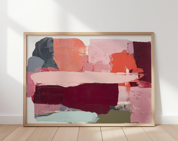Burgundy and Pink Abstract Wall Art Print, Modern Color Block Framed Wall Art, Large Canvas Painting Decor, Contemporary Living Room Art