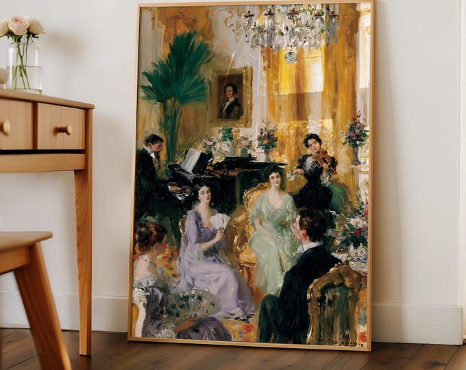 Elegant Piano Concert Wall Art Print, French Salon Painting, Classical Music Room Decor, Vintage European Interior Canvas Art