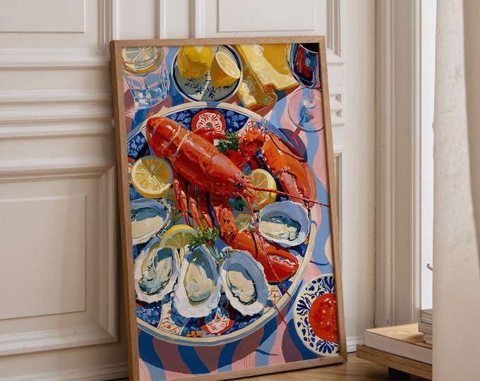 Coastal Seafood Wall Art Print, Lobster & Oyster Still Life Painting, Nautical Kitchen Decor, Mediterranean Dinner Canvas Art