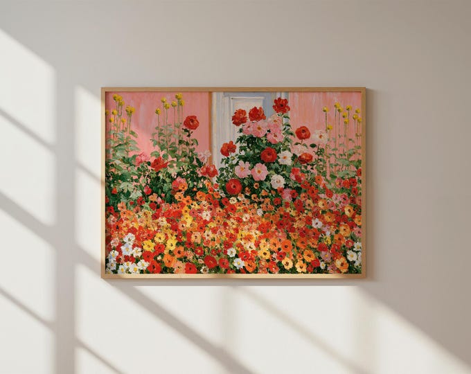 Pink House Wall Art Print, Hydrangea Flower Garden Painting, Cottage Garden Wall Decor, Impressionist Floral Canvas Art