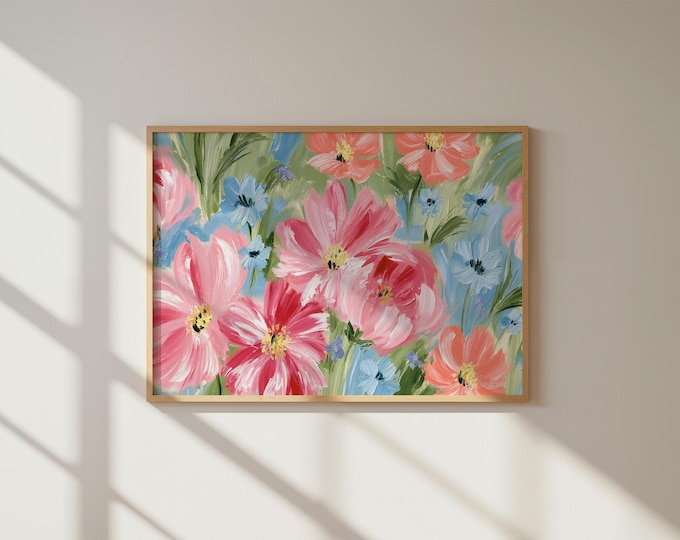 Colorful Floral Wall Art Print, Pink Orange Flower Painting, Wildflower Canvas Art, Botanical Wall Decor, Maximalist Home Decor