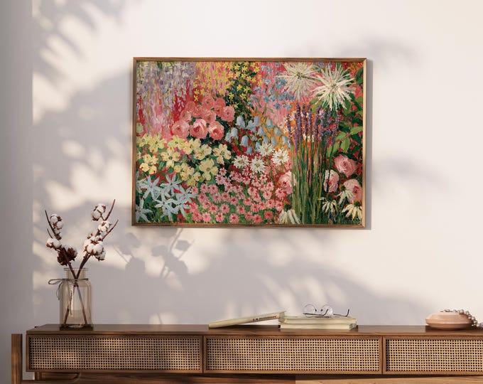 Colorful Floral Wall Art Print, Pastel Flower Garden Painting, Pink Botanical Art, Maximalist Wall Decor, Cottagecore Floral Print