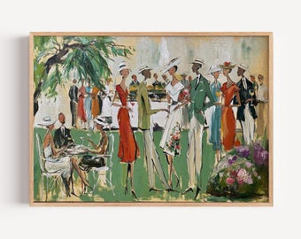 May include: An oil painting depicting a social garden party scene with multiple figures in formal attire, including dresses and suits, holding glasses. The composition features green grass, a large tree, and a floral arrangement in the foreground.