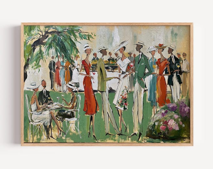 Garden Party Wall Art Print, Vintage Impressionist Picnic Painting, Old Money Decor, English Garden Canvas, Country Club Wall Art