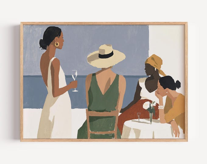 Coastal Women Wall Art Print, Mediterranean Cafe Painting, Old Money Decor, Summer Fashion Canvas, European Vacation Wall Art