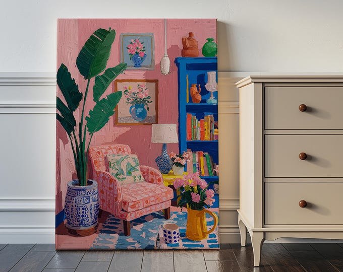 Maximalist Pink Room Oil Painting Print, Colorful Interior Wall Art, Eclectic Preppy Decor, Cozy Reading Nook Framed Canvas