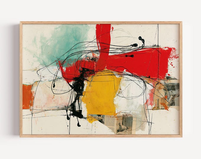 Abstract Wall Art Print, Red Yellow Abstract Painting, Modern Expressionist Art, Contemporary Wall Decor, Mid Century Modern Art
