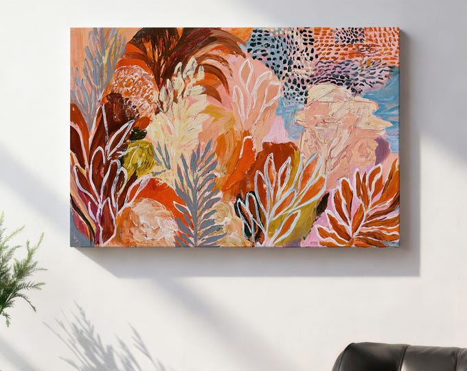 Colorful Abstract Botanical Wall Art Print, Maximalist Eclectic Decor, Vibrant Tropical Jungle Painting, Leopard Print Contemporary Art