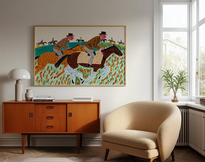 Horse Racing Wall Art Print, Equestrian Painting, Jockey Horse Race Art, Colorful Folk Art, Vintage Horse Decor, Country Farmhouse Wall Art
