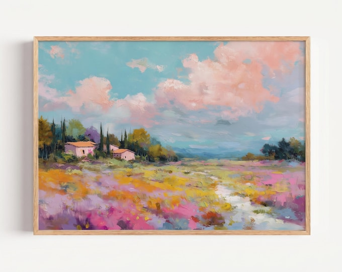 Pastel Landscape Wall Art Print, Colorful Abstract Oil Painting Print, French Country Cottage Decor, Spring Meadow Art, Floral Field Artwork