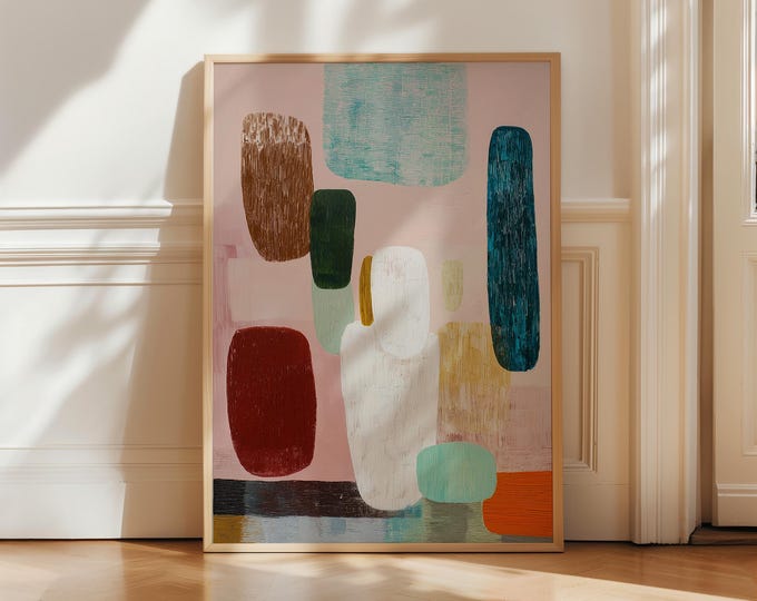 Modern Abstract Pastel Pink Wall Art, Colorful Organic Shapes Print, Large Textured Contemporary Painting, Mid Century Gallery Wall Decor