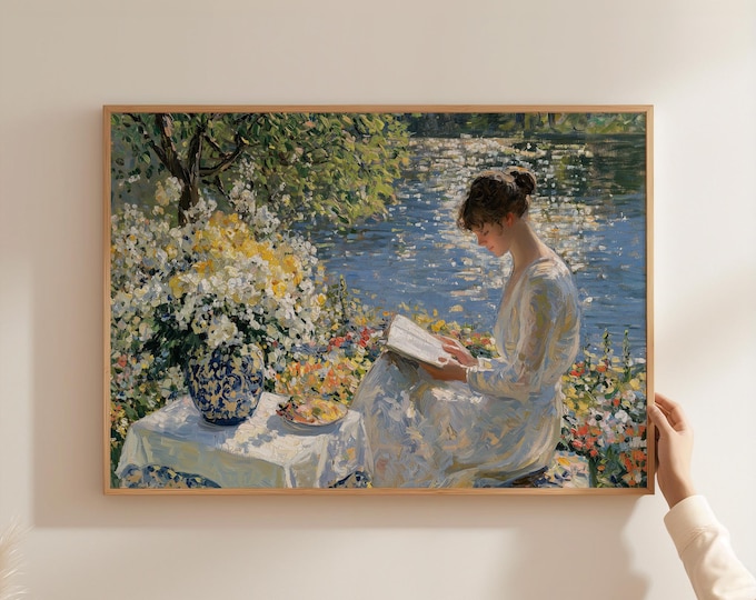 Woman Reading by Lake Wall Art Print, Vintage Landscape Print, Cottagecore Wall Decor, Lake House Art, Serene Nature Painting