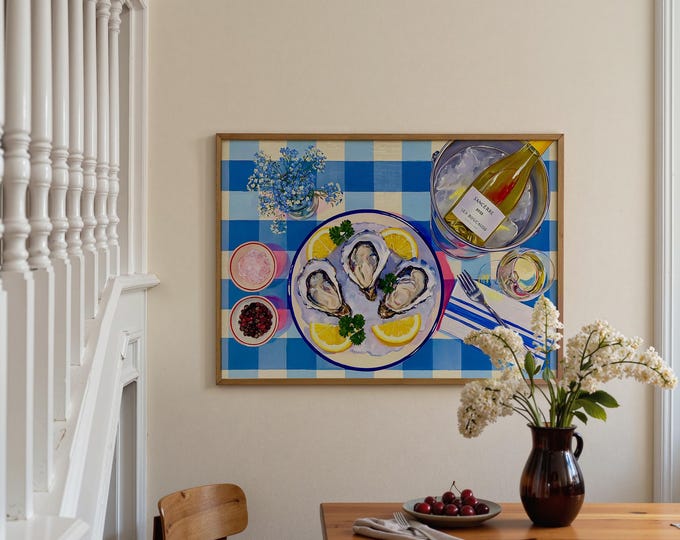 French Oyster Wall Art Print, Coastal Kitchen Decor, Blue Check Table Painting, Seafood Canvas Art, Coastal Dining Room Wall Decor