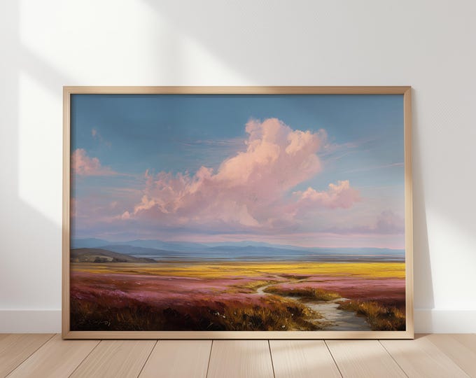 Pastel Pink Landscape Wall Art Print, Dreamy Cloud Sky Framed Wall Art, Impressionist Nature Canvas, Serene Field Painting Decor