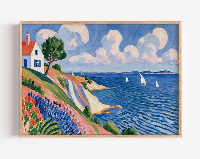 Coastal Cottage Wall Art, Seaside Landscape Painting, Ocean View Art, Vintage Coastal Decor, Beach House Wall Art, Cottagecore Canvas Print