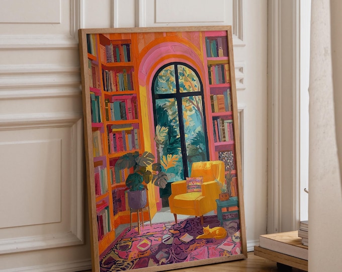 Impressionist Bookshelf Art, Textured Impasto Print, Sunlit Room with Plant Canvas, Colorful Eclectic Decor, Cozy Interior Wall Art