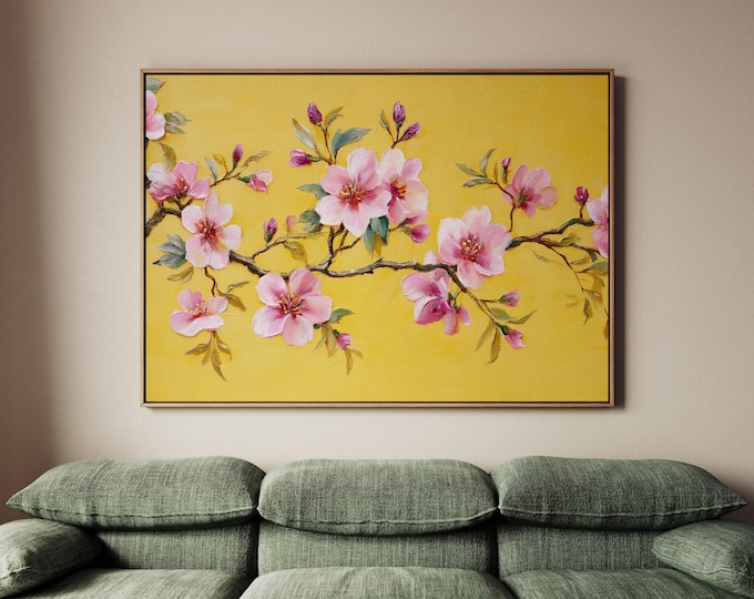 Cherry Blossom Print, Gold Leaf Floral Painting, Pink Flower Wall Art, Chinoiserie Decor, Japanese Blossom Poster, Textured Impasto Art