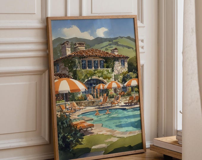 Tuscan Resort Pool Wall Art, Mediterranean Villa Painting, Luxury Summer Vacation Decor, Italian Landscape Art Print