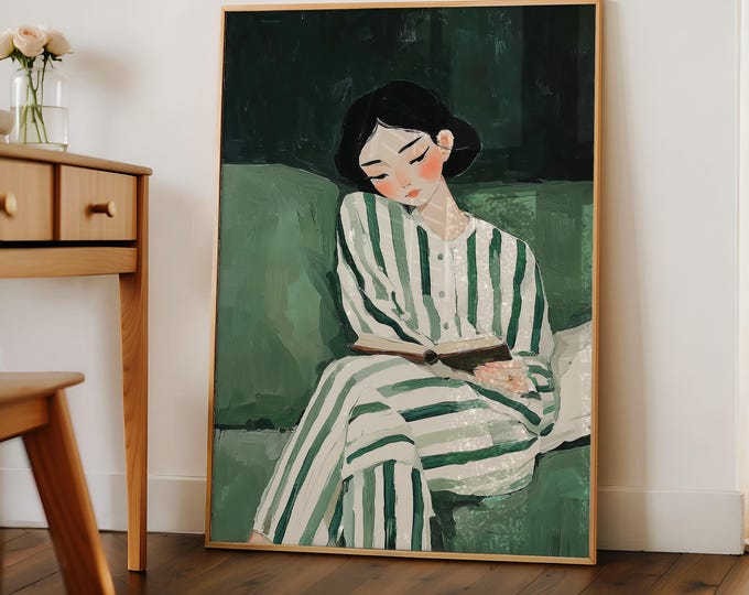 Green Oil Painting Print, Woman Reading Art, Vintage Style Wall Art, Cozy Aesthetic Canvas, Bedroom Decor, Soft Feminine Wall Decor
