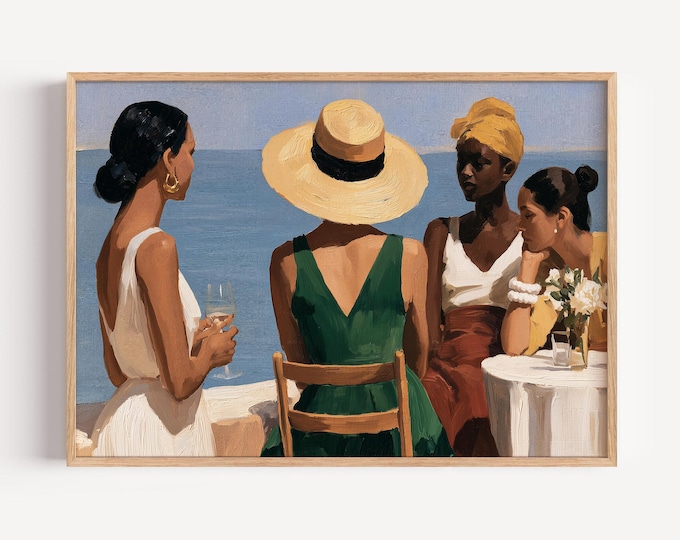 Coastal Women Wall Art Print, Mediterranean Cafe Painting, Old Money Decor, Summer Fashion Canvas, European Vacation Wall Art