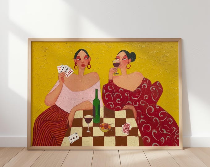 Abstract Women Drinking Wine Wall Art Print, Playing Cards Checkerboard Framed Wall Art, Eclectic Bar Cart Canvas, Colorful Dining Room Art