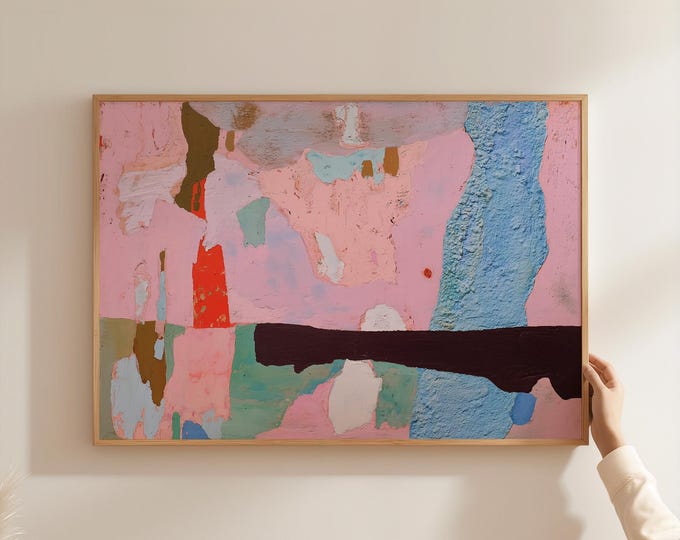 Modern Abstract Pastel Pink Wall Art, Colorful Organic Shapes Print, Large Textured Contemporary Painting, Mid Century Gallery Wall Decor
