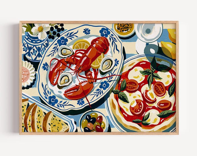 Coastal Italian Food Wall Art Print, Lobster Oyster Pizza Mediterranean Kitchen Decor, Blue White Stripe Seafood Painting, French Bistro Art