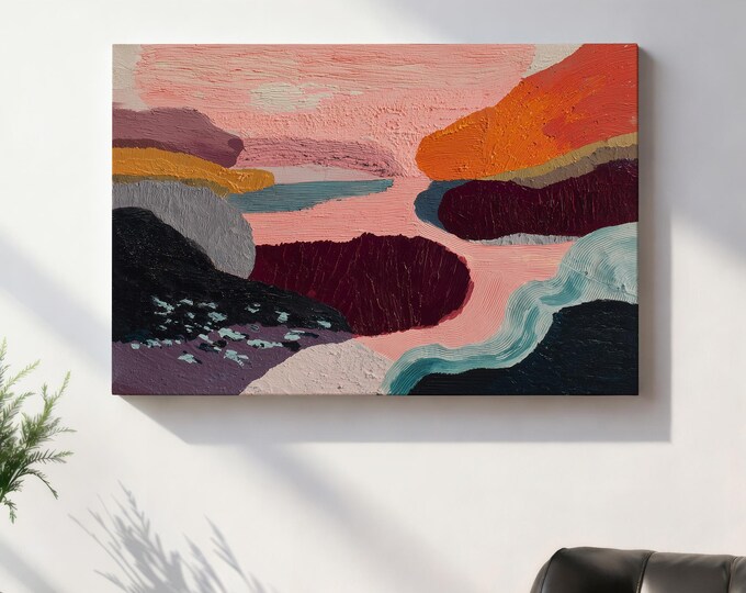 Distressed Abstract Landscape Wall Art Print, Dusty Pink Boho Framed Wall Art, Textured Earthy Nature Canvas, Rustic Modern Room Decor
