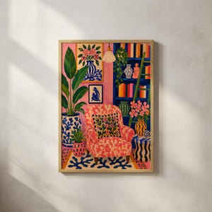 Maximalist Pink Room Oil Painting Print, Colorful Interior Wall Art, Eclectic Preppy Decor, Cozy Reading Nook Framed Canvas image 9