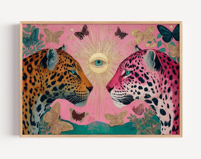 Maximalist Leopard Wall Art Print, Surreal Folk Art Oil Painting Print, Mystical Cosmic Eye & Sacred Heart Decor, Botanical Butterfly Decor