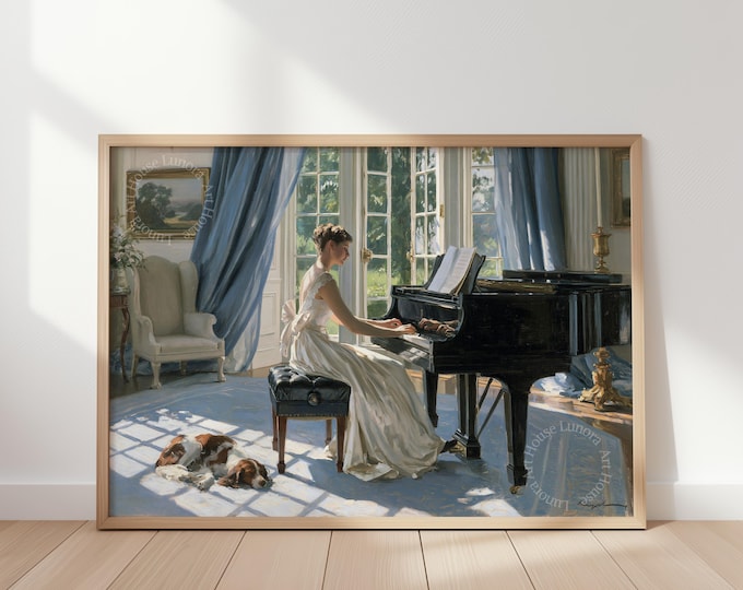 Vintage Piano Wall Art Print, Woman Playing Piano Painting, Sunlit French Country Decor, Romantic Impressionist Art, Elegant Music Room Art