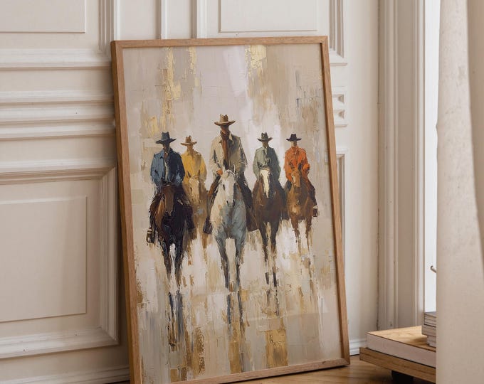 Cowboys on Horses Oil Painting Print, Western Wall Art, Impressionist Equestrian Framed Canvas, Rustic Southwestern Decor