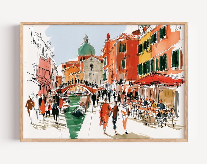 Venice Italy Wall Art Print, Colorful Canal Sketch, Venetian Street Painting, European Travel Decor, Mediterranean City Artwork