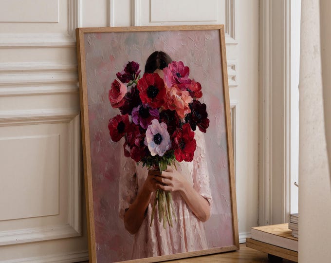 Red Anemone Oil Painting Print, Hand Holding Flowers Wall Art, Pink Aesthetic Floral Art,Impressionist Bouquet Decor, Moody Floral Art