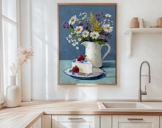 Strawberry Cake & Daisies Oil Painting Print, Blue Floral Still Life Wall Art, French Country Cottagecore Decor, Framed Canvas
