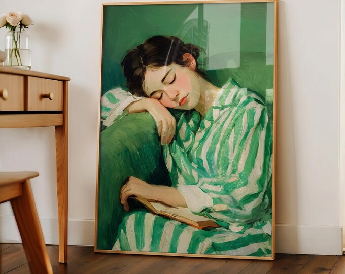 Green Oil Painting Print, Woman Reading Art, Vintage Style Wall Art, Cozy Aesthetic Canvas, Bedroom Decor, Soft Feminine Wall Decor