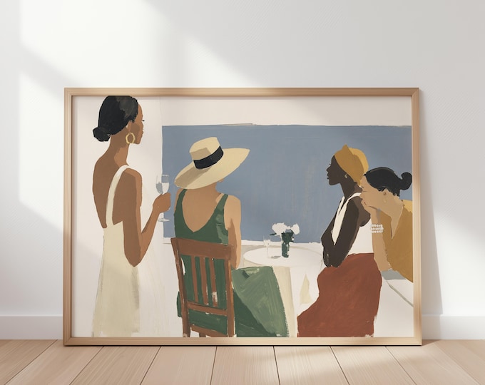 Coastal Women Wall Art Print, Mediterranean Cafe Painting, Old Money Decor, Summer Fashion Canvas, European Vacation Wall Art