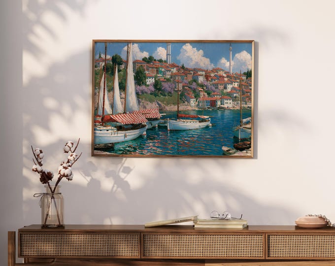 Mediterranean Harbor Scene With Sailboats And Red Roof Village, Summer Coastal Boating Seascape Landscape Wall Art Print For Nautical Decor